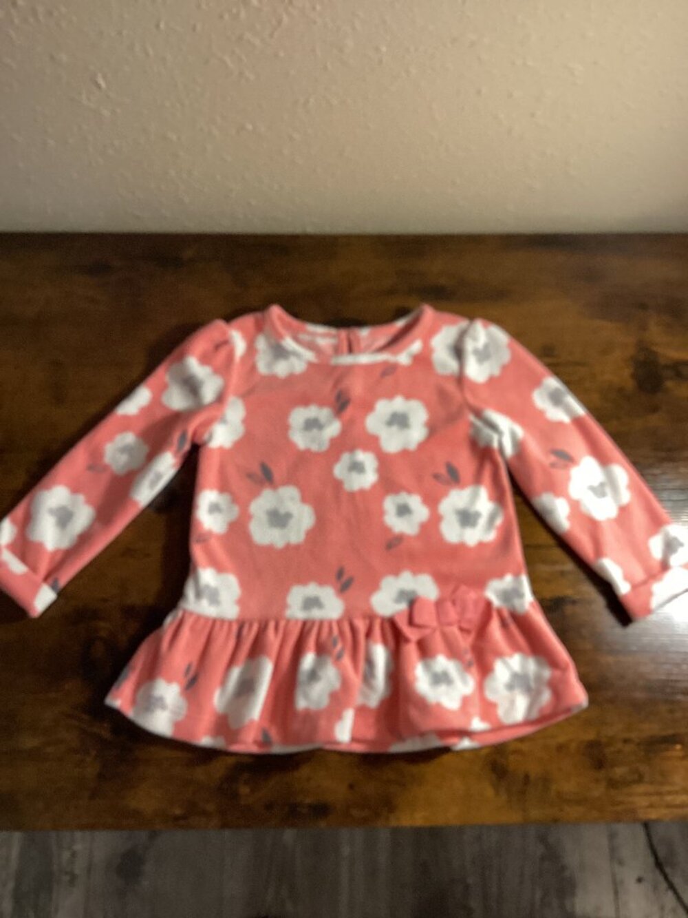 Girls Coral Pink Floral Long Sleeve Peplum Top with Bow
